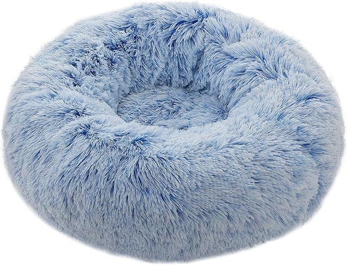 TumiMallody Donut Pet Bed, Plush Round Cuddler Cat & Dog Cushion Bed, Marshmellow Fluffy Faux Fur, Calming Comfy Furry (24 , Light Blue)