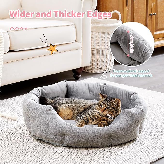 Made4Pets Cat Beds for Indoor Cats - Dog Beds for Small Dogs, Round Pet Bed for Puppy and Kitten, Washable Dog Bed with Anti-Slip Bottom, Removable Dual-Fabric Cushion for All Season, Grey