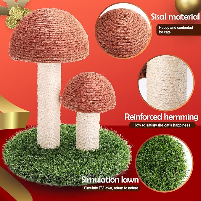 PowerKing Mushroom Cat Scratching Post, 15 x12 Inches Claw Scratching Post for Kitty, Natural Sisal Cat Scratchers Pole, Cat Interactive Toys, Cat Tree Tower (Brown)