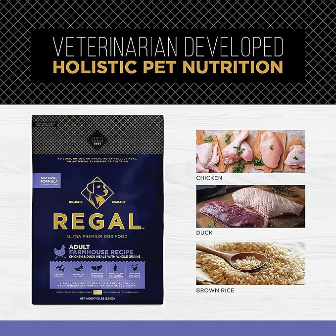 Regal Pet Foods Adult Farmhouse Recipe (Chicken and Duck) All Natural, Slow Cooked Whole Grain Dry Dog Food for All Breeds and Sizes of Adult Dog - Made in The USA, 13 LB Bag