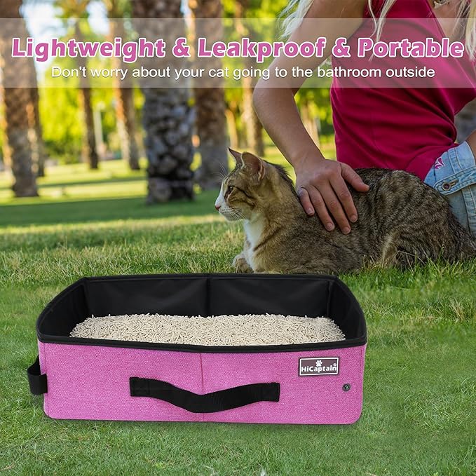 HiCaptain Portable Cat Litter Box for Travel, Collapsible Litter Box for Cats in Car,Traveling Litter Box Fit for Medium Cats and Kitties, Leak-Proof, Sturdy, Lightweight-Pink