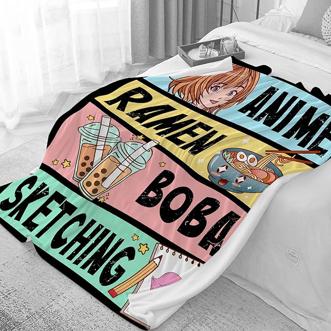 Anime Blanket Gifts for Girls Kawaii Anime Decor for Women Anime Ramen Boba Sketching Flannel Blanket Anime Lover Stuff, Luxurious Warm and Cozy for M 50X60 Inch for Teen/Travel