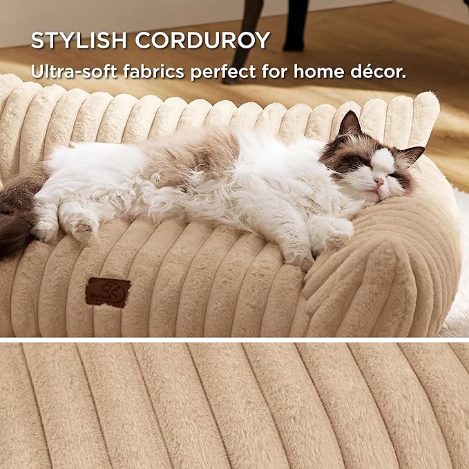 Bedsure Cute Cat Couch for Pets - Fluffy Cat Sofa with Premium Soft Corduroy Fleece, Fuzzy Cat Couch Bed with Removable Washable Cover, Supportive Cat Chair for Indoor Cats, 24inch, Tuscan Beige