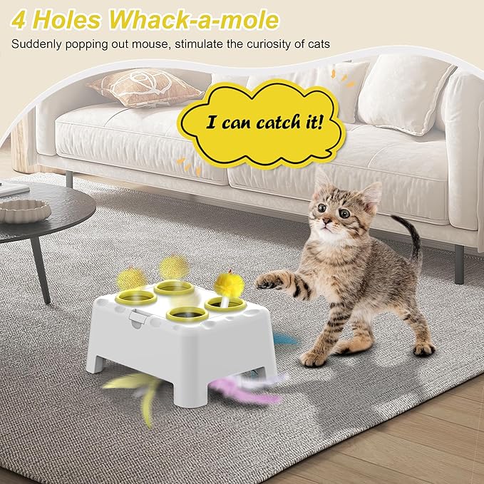 Cat Toys, Interactive Cat Toys, 2-in-1 Automatic Cat Toy, 4 Holes Mice Whack A Mole Cat Mouse Toy with Moving Feather, Portable USB Rechargeable Electronic Kitten Toys (White & Yellow)