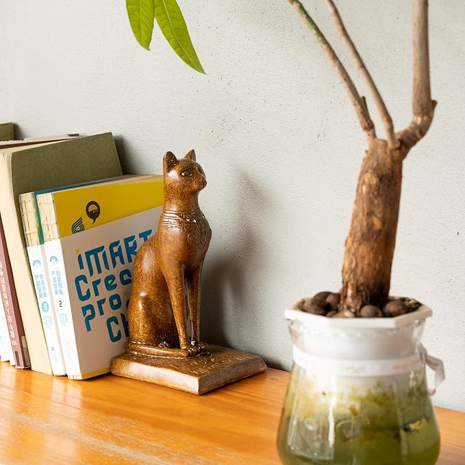 Book Ends Retro Cat Decorative Bookends, Vintage Antique Heavy Duty Egyptian Cat Hold Books Collectors, Black Decor for Office/Shelves/Living Room Father (Wood Grain)