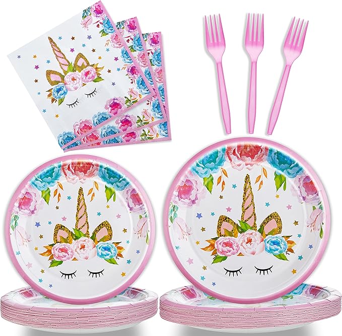 96 Pcs Birthday Party Plates Napkins Forks Supplies Tableware Set Disposable Table Horned Horse Theme Decoration for Girl Birthday Party or Baby Shower, Serves 24 Guests