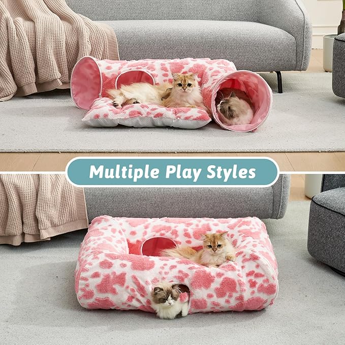 Cat Tunnel Bed for Indoor Cats - Cute Cat Donut Tunnel with Washable Circle Cushion, Round Pet Play Tunnel Toy for Kitten/Puppy/Rabbit,Pink