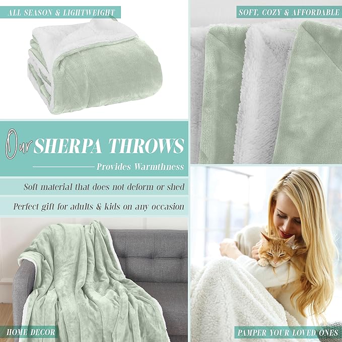 Elegant Comfort Reversible and Ultra-Plush Flannel Fleece Sherpa Throw- Lightweight Soft and Cozy- All Season Decorative Throw, Perfect for Lounging, 50 x 60 inches, Mint Green