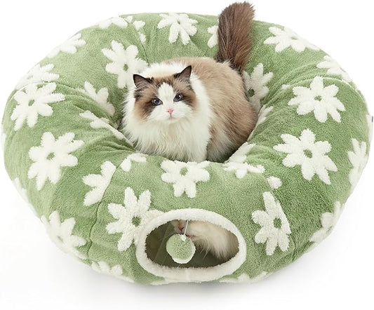 Lesure Cat Tunnel Bed for Indoor Cats - Cute Cat Donut Tunnel with Washable Circle Cushion, Round Pet Play Tunnel Toy for Kitten/Puppy/Rabbit,Green