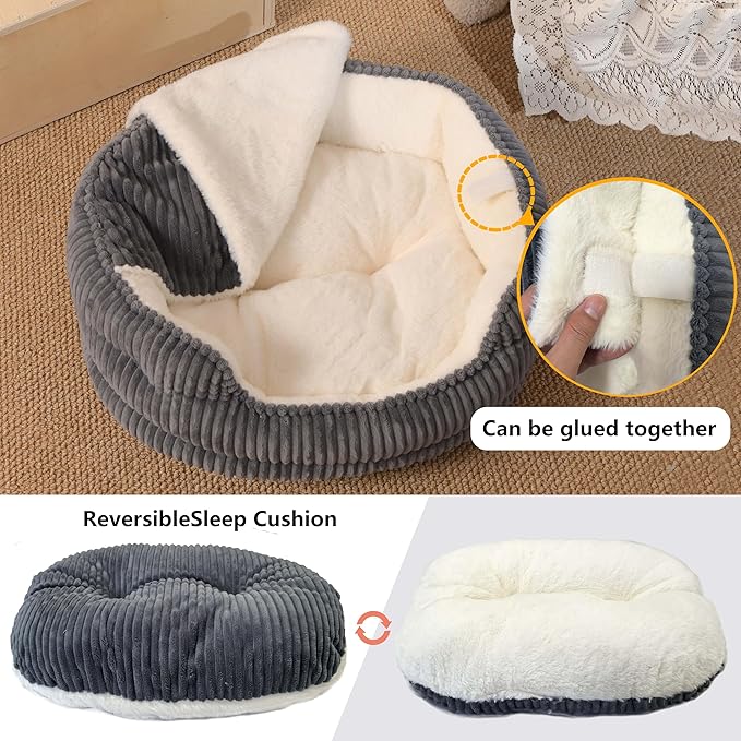 Cat Beds for Indoor Cats,with Soft Hooded Blanket.Comfortable Cute cat Bed,Removable Inner pad Washable with Non-Slip Bottom,Cozy Kitten、Small Dog Bed (Dark Grey)