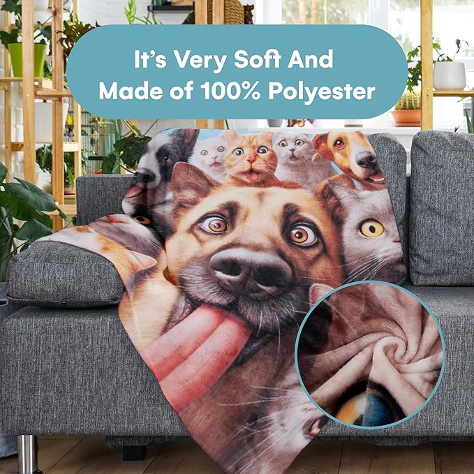Dawhud Direct Selfie Dog and Cat Fleece Blanket - Soft Throw for Kids and Adults, Colorful Blanket with Dogs and Cats Taking a Selfie Print, Ideal for Beds, Couches, and Travel - 60.6 x 48.8 Inches