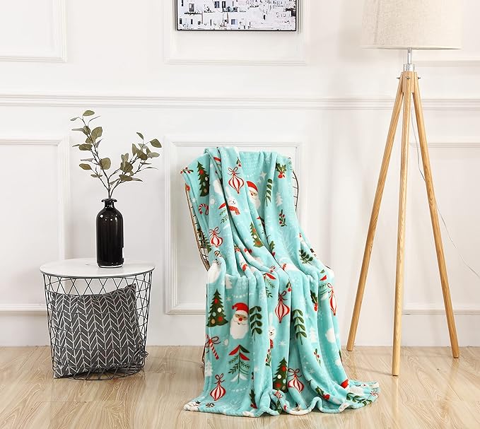 Elegant Comfort Velvet Touch Ultra Plush Christmas Holiday Printed Fleece Throw/Blanket-50 x 60inch, (Santa Snowman Teal)