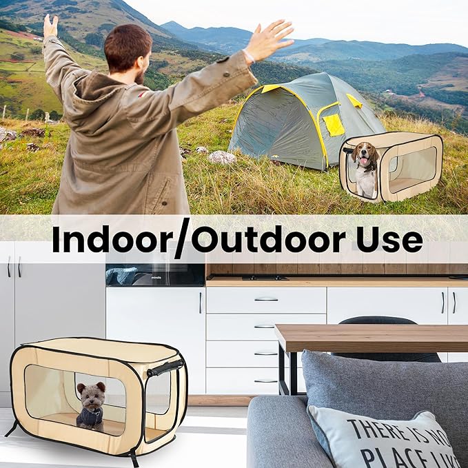 Beatrice Home Fashions Portable, Collapsible, Pop Up Kennel Travel Cat and Dog Crate, 24" L x 16.6" W x 16" H, Beige