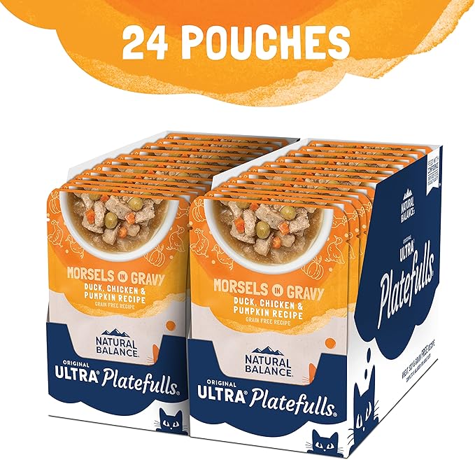 Natural Balance Original Ultra Platefulls Indoor Adult Grain Free Wet Cat Food, Duck, Chicken & Pumpkin Recipe, 3 Ounce Pouch (Pack of 24)