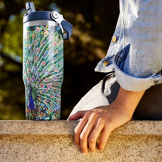 30oz Peacock Tumbler with Handle and Straw, Stainless Steel Vacuum Insulated Coffee Tumbler, Travel Mug Water Bottle, Peacock Stuff Accessories Decor, Peacock Gifts for Women