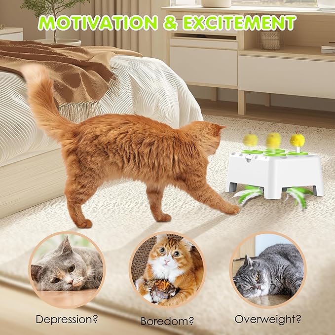Cat Toys, 2 in1 Automatic Interactive Cat Toys for Indoor Cats, 4 Holes Mice Whack a Mole Cat Mouse Toy with Moving Feather, Rechargeable USB Power Kitten Feather Toys for All Breeds (Green)