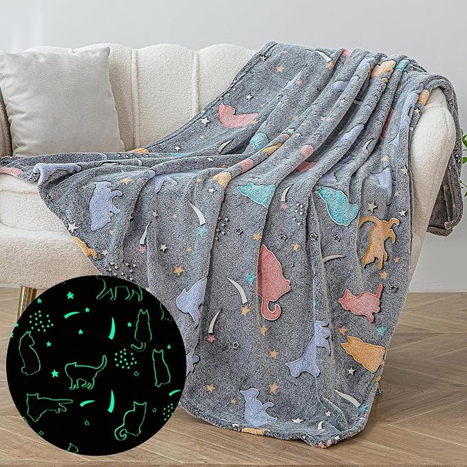 Sviuse Glow in The Dark Cat Blanket Gifts for Cats Lovers Soft Flannel Glow Throw for Girls Kids Luminous Blankets (50" X 60", Cat 9)