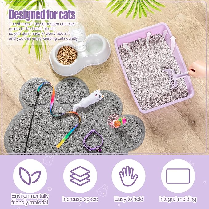 7 Pcs Small Cat Kitten Starter Kit Cat Litter Box with Shovel Cat Paw Litter Mat Double Automatic Cat Bowls Cat Toy Teaser Stick Cat Collar Essentials Kits for 1-3 Lbs Beginner (Purple,Simple)