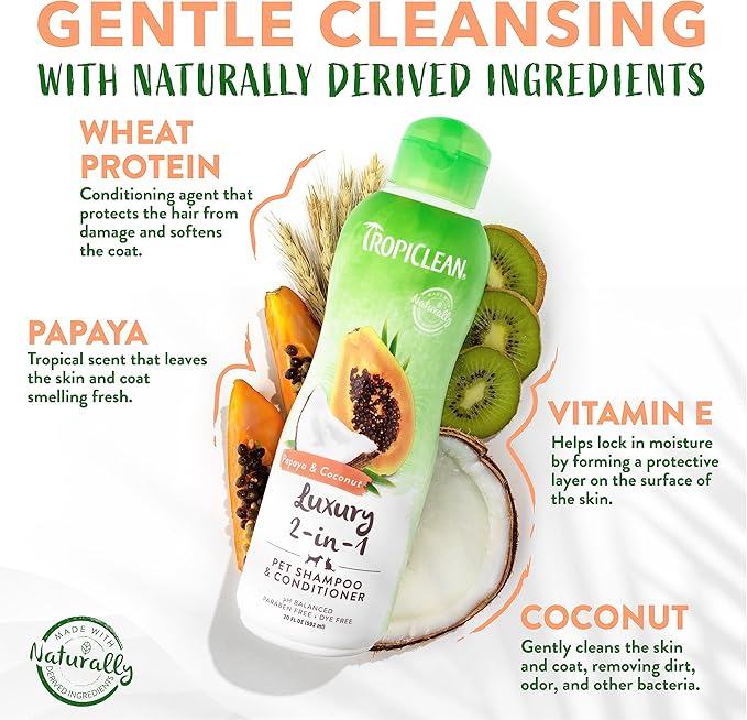 TropiClean 2-in-1 Papaya & Coconut Dog Shampoo and Conditioner | Natural Pet Shampoo Derived from Natural Ingredients | Cat Friendly | Made in the USA | 2.5 gallon
