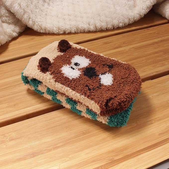 BambooMN Women's Super Soft Cute Fuzzy Cozy Warm Animal Face Indoor Outdoor Cabin Crew Home Socks