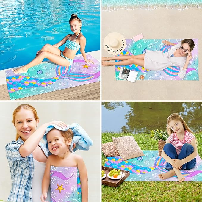 Bonsai Tree Mermaid Beach Towel, Microfiber Bath Towel for Girls and Women, Teal Tail Scale Sand Free Quick Dry Travel Towels for Kids Yoga Sports 30" X 60"