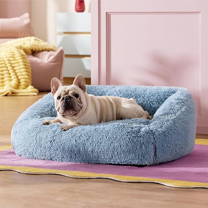 Lesure Cute Cat Couch Bed - Furry Indoor Cat Sofa Large, Washable Calming Small Dog Beds for Puppy with Fashion Design, 26x21x9inches, Blue