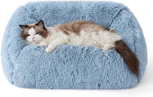 Lesure Cute Cat Couch Bed - Furry Indoor Cat Sofa Large, Washable Calming Small Dog Beds for Puppy with Fashion Design, 26x21x9inches, Blue
