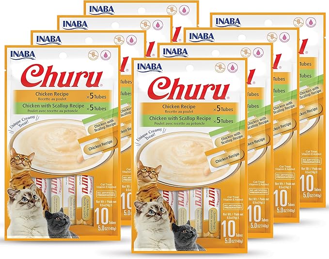 INABA Churu Cat Treats, Grain-Free, Lickable, Squeezable Creamy Purée Cat Treat/Topper with Vitamin E & Taurine, 0.5 Ounces Each Tube, 80 Tube Variety Box
