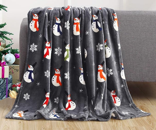 Elegant Comfort Velvet Touch Ultra Plush Christmas Holiday Printed Fleece Throw/Blanket-50 x 60inch, (Snowman Flake)