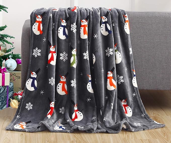 Elegant Comfort Luxury Velvet Super Soft Christmas Prints Fleece Blanket-Holiday Theme Home Décor Fuzzy Warm and Cozy Throws for Winter Bedding, Couch and Gift, 50 x 60 inch, Snowman Flake Gray