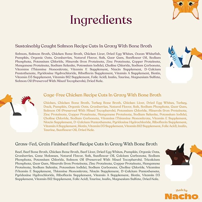 Made by Nacho Wet Cat Food Variety 12 Pack (3oz Each), Cage-Free Chicken, Sustainably Caught Salmon, Grass-Fed Beef with Bone Broth for Extra Hydration, Gravy Cut Pouches