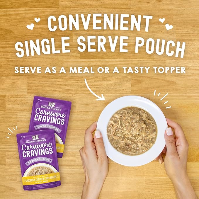 Stella & Chewy's Carnivore Cravings Wet Cat Food Pouches – Grain Free, Protein Rich Meal, Topper or Treat – Chicken & Chicken Liver Recipe (2.8 Ounce Pouches, Case of 24)