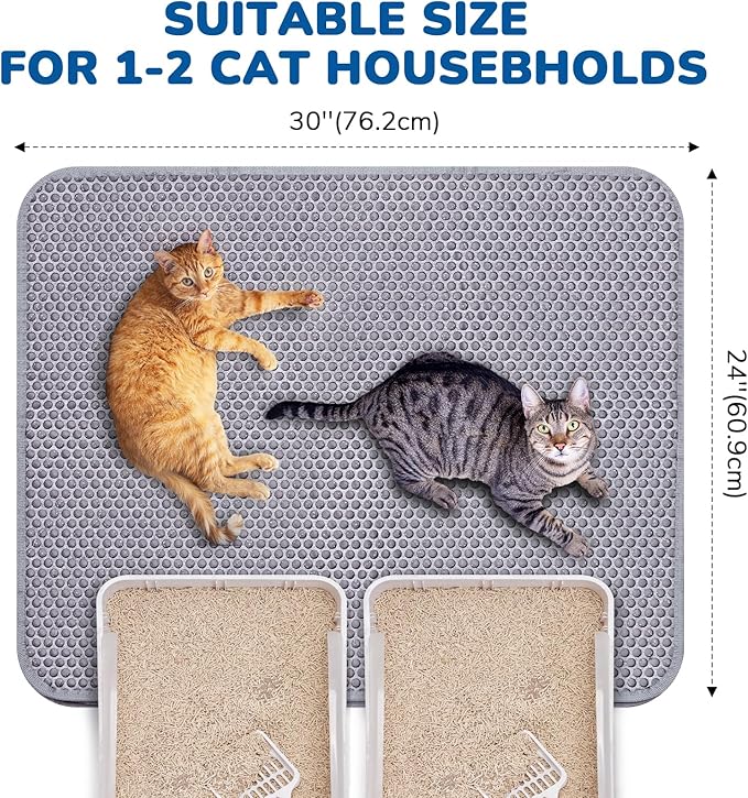 BurgeonNest Cat Litter Mat 30" x 24", Upgraded Felt & Fabric Material Cat Trapping Mat for Fewer Creases, Holds 1-2 Litter Boxes, Urine-Proof, Machine Washable, Non-Slip, Soft on Paws, Grey