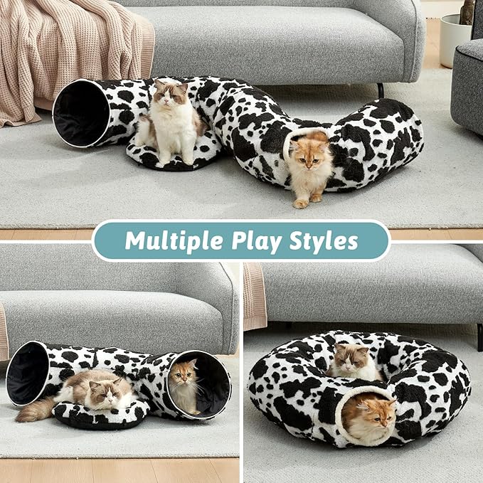 Cat Tunnel Bed for Indoor Cats - Cute Cat Donut Tunnel with Washable Circle Cushion, Round Pet Play Tunnel Toy for Kitten/Puppy/Rabbit,Black&White