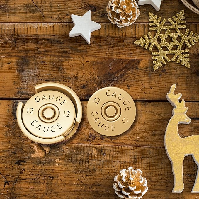 BestGiftEver Shotgun Shell Coaster Set of 4 - Country Coasters for Coffee Bar, Kitchen, and Bar Decoration - Unique Bullet Decor with Red Gold Cast Resin, Great Gift for Hunting Enthusiasts