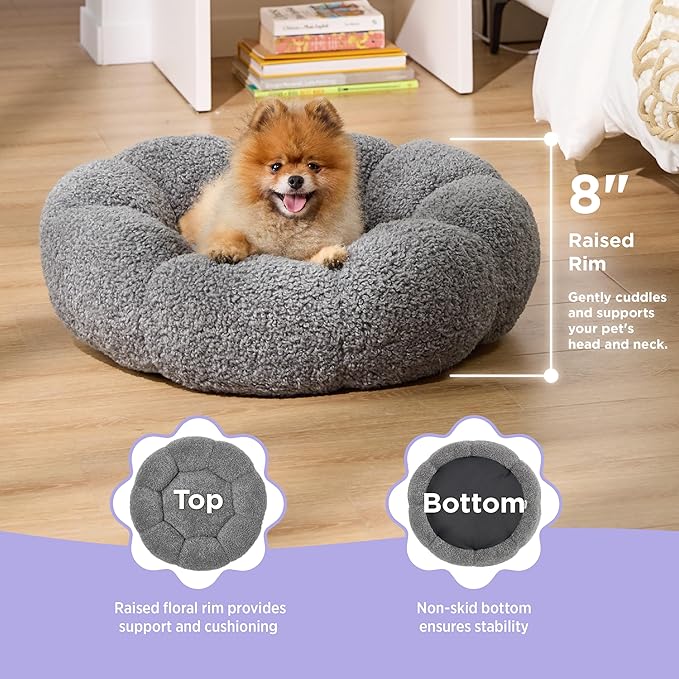 Lesure Calming Small Dog Bed - Flower Donut Round Fluffy Puppy Bed in Plush Teddy Sherpa, Non-Slip Cute Flower Cat Beds for Indoor Cats, Small Pet Bed Fits up to 25 lbs, Machine Washable, Grey 23"