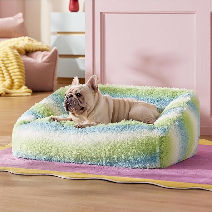 Lesure Dog Bed Medium Size - Cute Furry Calming Puppy Beds, Rectangle Washable Indoor Pet Beds with Removable Zipper Cover, 35x25x11inches, Green Stripe