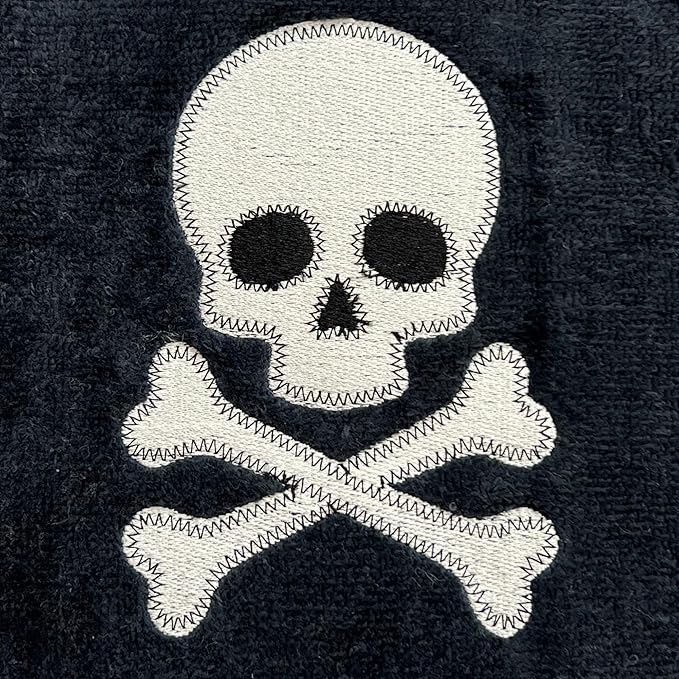 Halloween Hand Bathroom Towels Set of 2-16” x 25” Embroidered Skull and Crossbones Design - Soft Black Cotton Decorative Kitchen Bath Holiday Decor