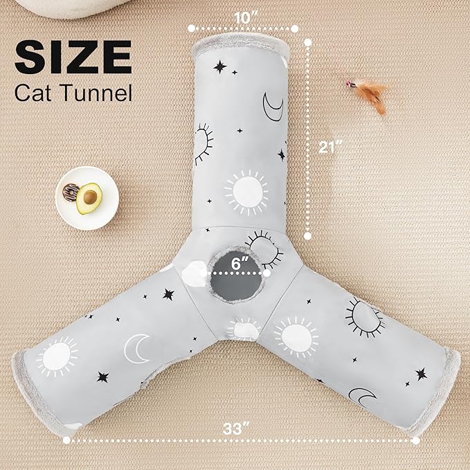 Love's cabin Large Cat Tunnel Toy 3 Way Collapsible, Cat Tunnels for Indoor Cats Large, Cat Play Tunnel with 4 Peek Hole Plush Ball & Feather Toy for Cat, Kitty, Kitten, Rabbit, Puppy Gray Sun