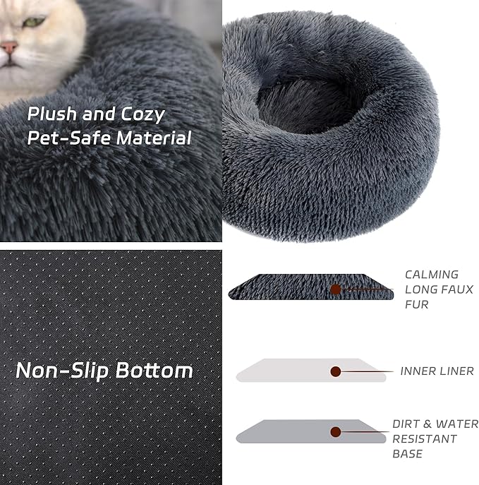 Calming Dog Bed for Cats and Small Dogs, Donut Washable Small Cat Bed for Indoor Cats and Dogs, Anti-Slip Round Fluffy Plush Faux Fur Pet Bed for Small Cats and Dogs (Dark Grey, 15.7")