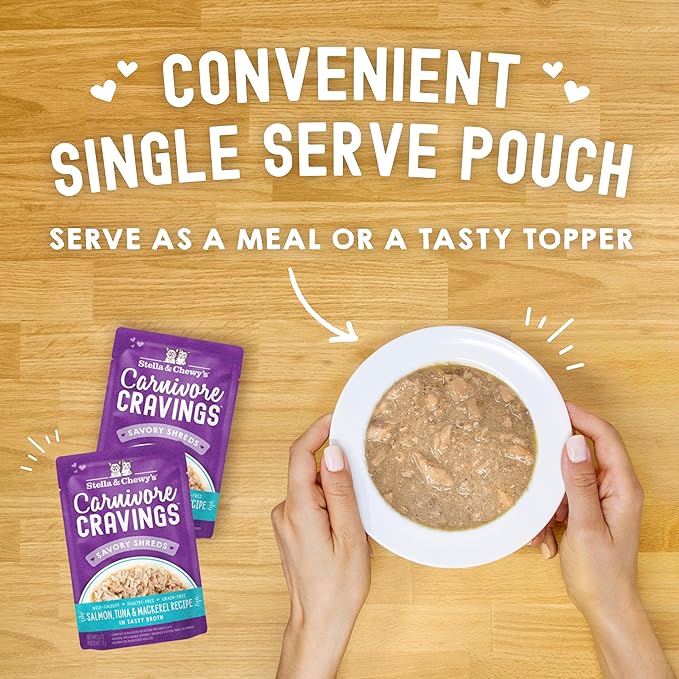 Stella & Chewy's Carnivore Cravings Wet Cat Food Pouches – Grain Free, Protein Rich Meal, Topper or Treat – Salmon, Tuna & Mackerel Recipe (2.8 Ounce Pouches, Case of 24)