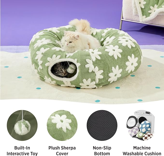 Lesure Cat Tunnel Bed for Indoor Cats - Cute Cat Donut Tunnel with Washable Circle Cushion, Round Pet Play Tunnel Toy for Kitten/Puppy/Rabbit,Green