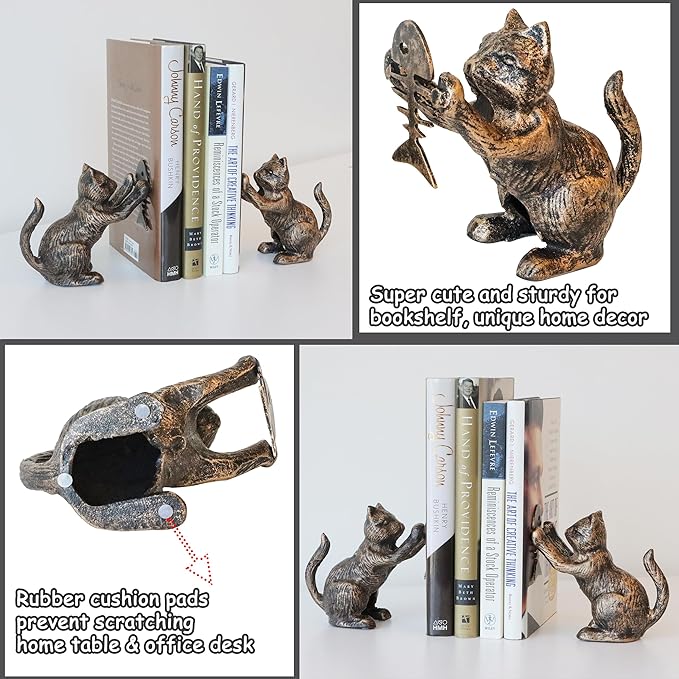 Book Ends Decorative Vintage Bronze Cat Book Holders, Antique Bookends for Heavy Books, Unique for Cat Lovers, Cast Iron Book Stopper