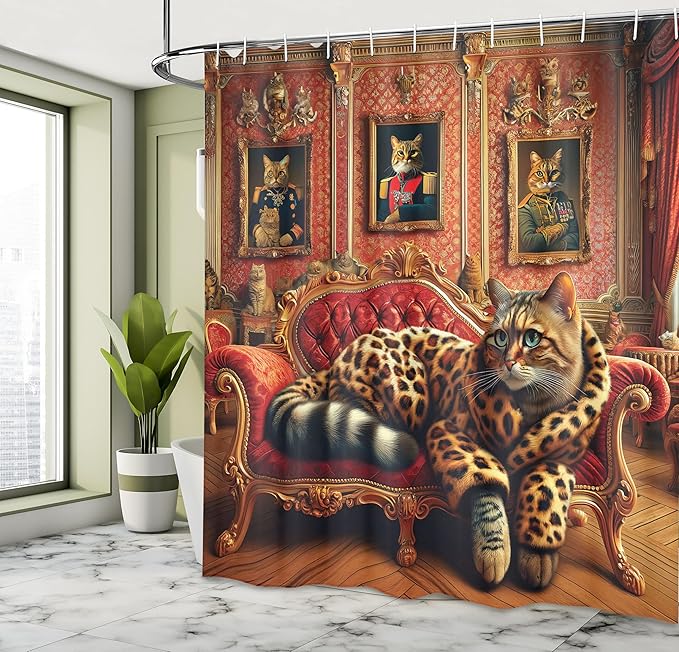 Ambesonne Cat Shower Curtain, Royal Kitty in Leopard Coat Laying on Lounge Sofa Whimsical Humorous Animal Art, Cloth Fabric Bathroom Decor Set with Hooks, 69" W x 70" L, Marigold Salmon