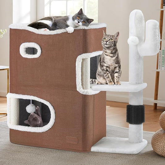 YIATHOME 2-Tier Cat House, Cat Beds for Indoor Cats, Small Cat Condo with Highway Cave, Scratch & Itching Post, Clmibing Stand, Modern Cat Cube Playhouse for Multi Kittens, Brown