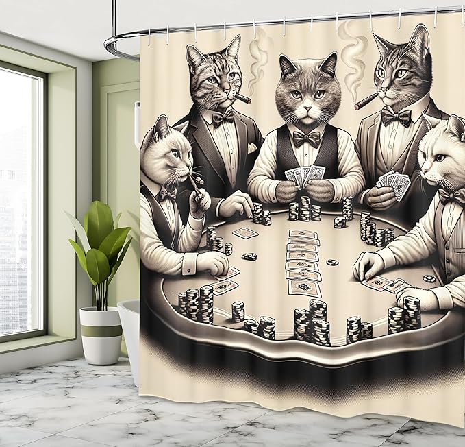 Ambesonne Cat Shower Curtain, Vintage Gentleman Kitties Playing Poker Monochrome Effect Gambling Table Print, Cloth Fabric Bathroom Decor Set with Hooks, 69" W x 75" L, Ivory Dark Taupe