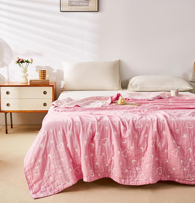 MEJU Love Star Moon Pink Heart Girls Muslin All Season Blanket Decorative for Bed Sofa Couch 100% Cotton 3 Layer Soft Warm Reversible Bedspread Throw Blanket Bed Coverlet Sheet Twin 60 in x 80 in
