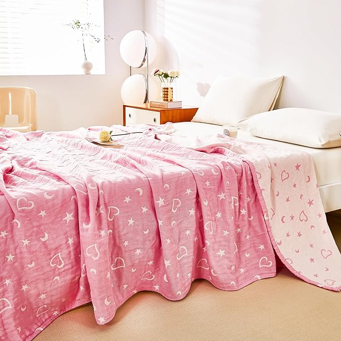 MEJU Pink White Star Moon Heart All Season Reversible Blanket Decorative for Bed Sofa Couch 100% Cotton 3 Layer Soft Warm Bedspread Throw Blanket Bed Coverlet Sheet Full Queen 80 in x 90 in