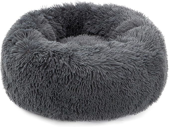 Calming Donut Dog Bed Large, Plush Round Cuddler Dog & Cat Bed, Anit-Anxiety Marshmellow Fluffy Faux Fur Cushion(28", Deep Grey)