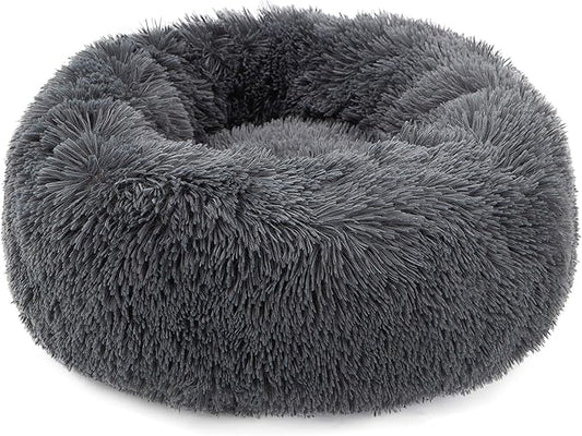 Calming Donut Dog Bed Large, Plush Round Cuddler Dog & Cat Bed, Anit-Anxiety Marshmellow Fluffy Faux Fur Cushion(28", Deep Grey)